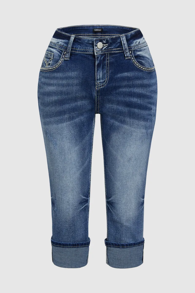 Stitch Detail Wash Stretchy Low Waist Capri Jeans