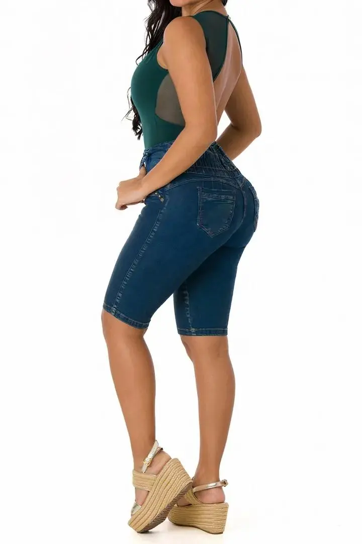 Wash Button Up Elastic High Waist Denim Bermuda Shorts