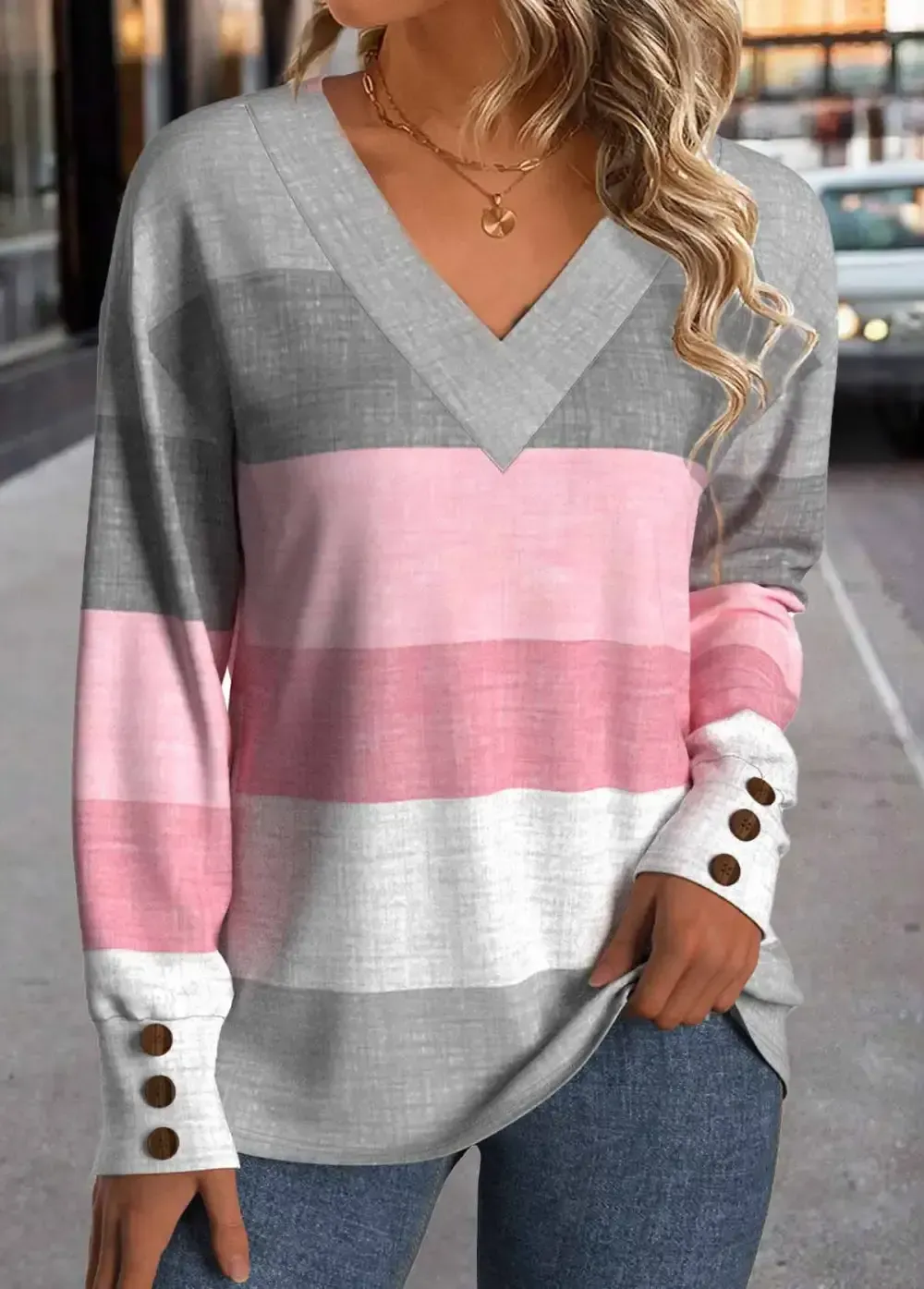 Multi Color Button Geometric Print Long Sleeve T Shirt