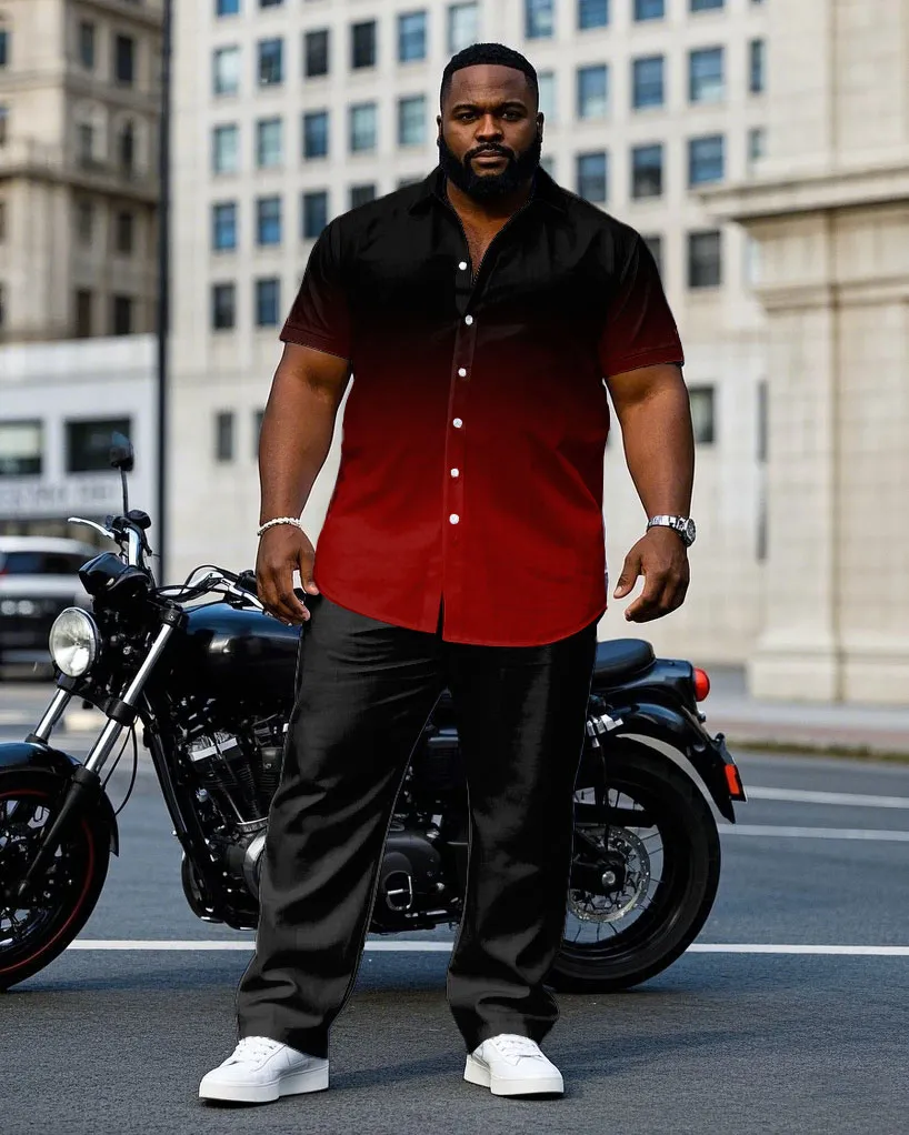 Big Men'S Business Black & Red Gradient Craft Short Sleeve Shirt Pants Set