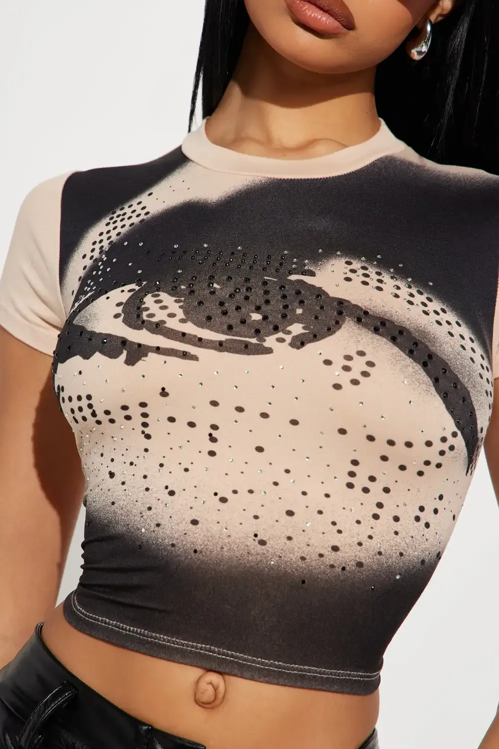 Eyes On You Rhinestone Short Sleeve Top - Taupe/combo