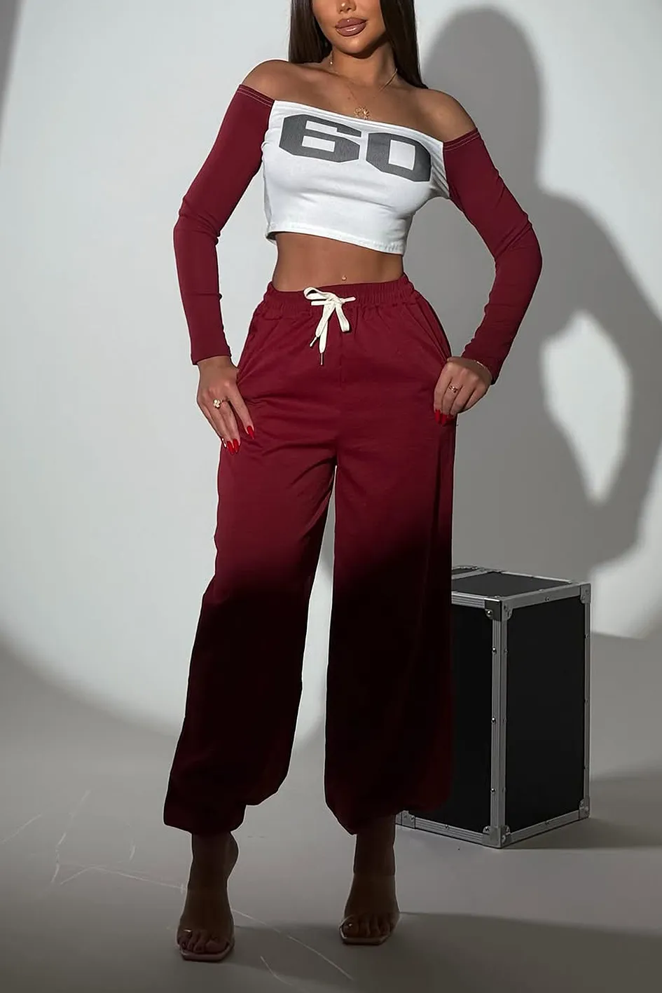 Women'S Contrasting Lettering Top And Pants 2-Piece Set
