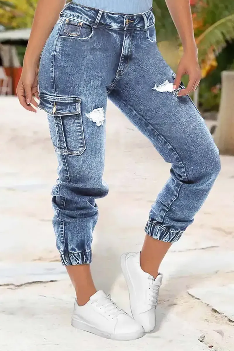 Wash Ripped Flap Pocket High Rise Cargo Jeans