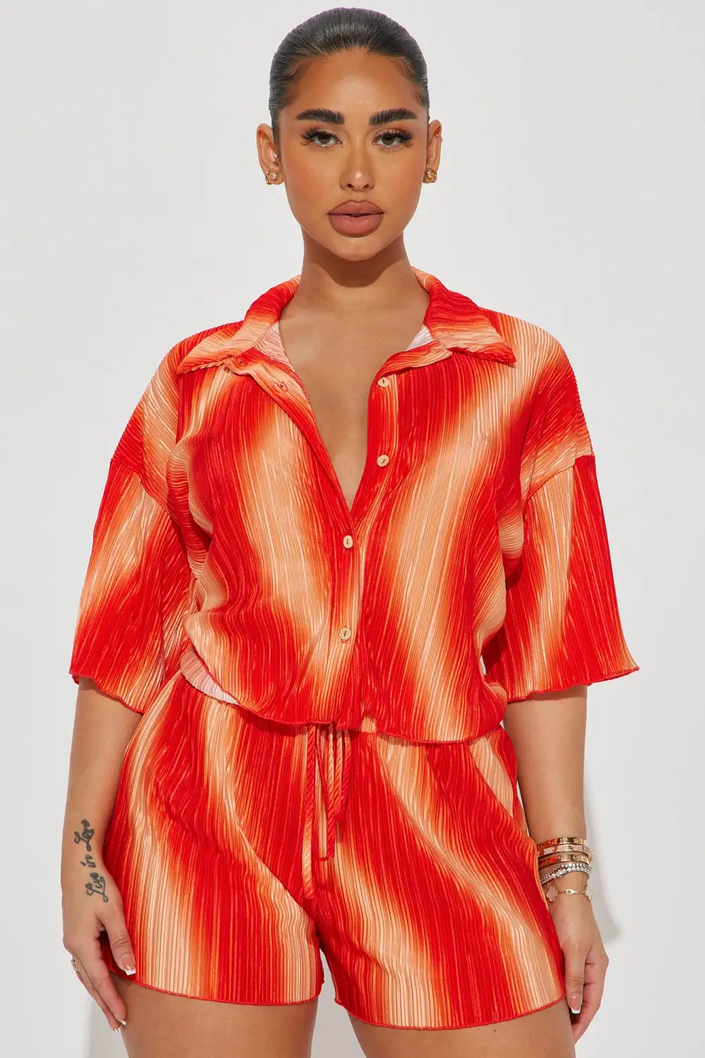 Adella Plisse Short Set - Orange