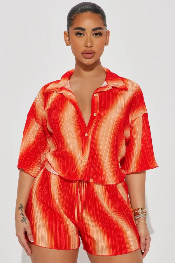 Adella Plisse Short Set - Orange