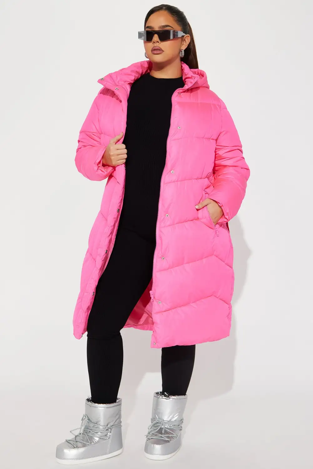 Snow Style Belted Puffer Jacket - Hot Pink