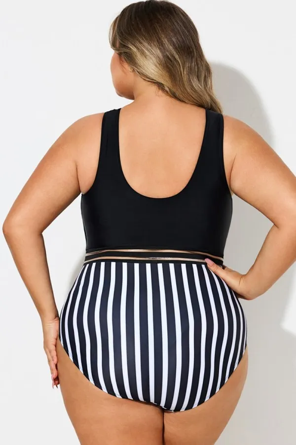 Black & White Round Neck Striped Mesh One Piece Swimsuit