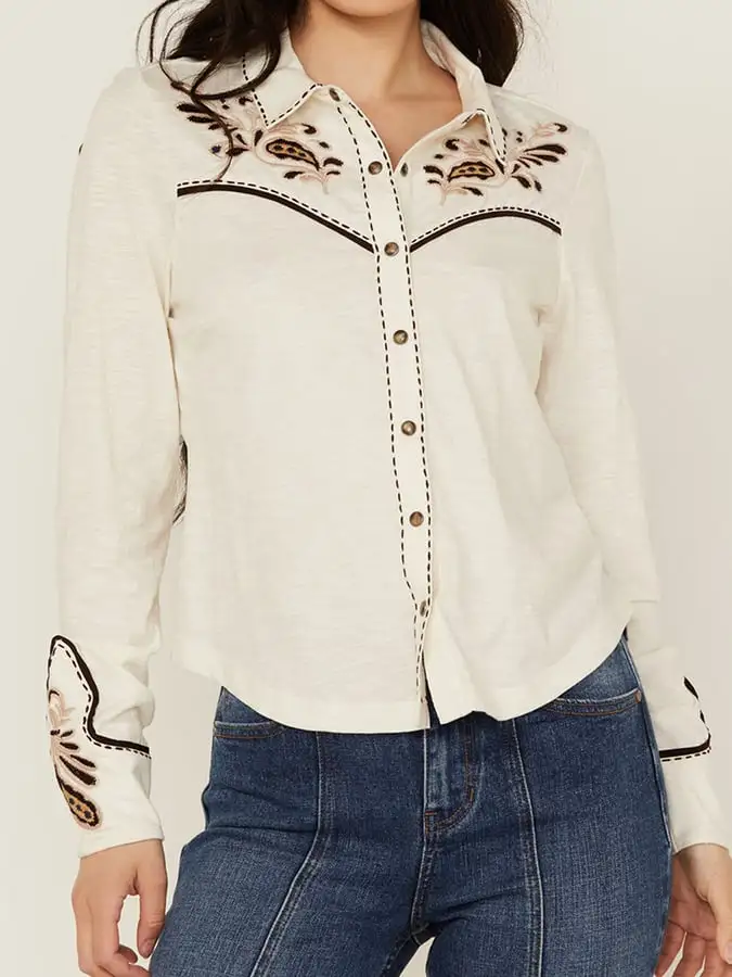 Women's Vintage Western Art Print Casual Linen Shirt