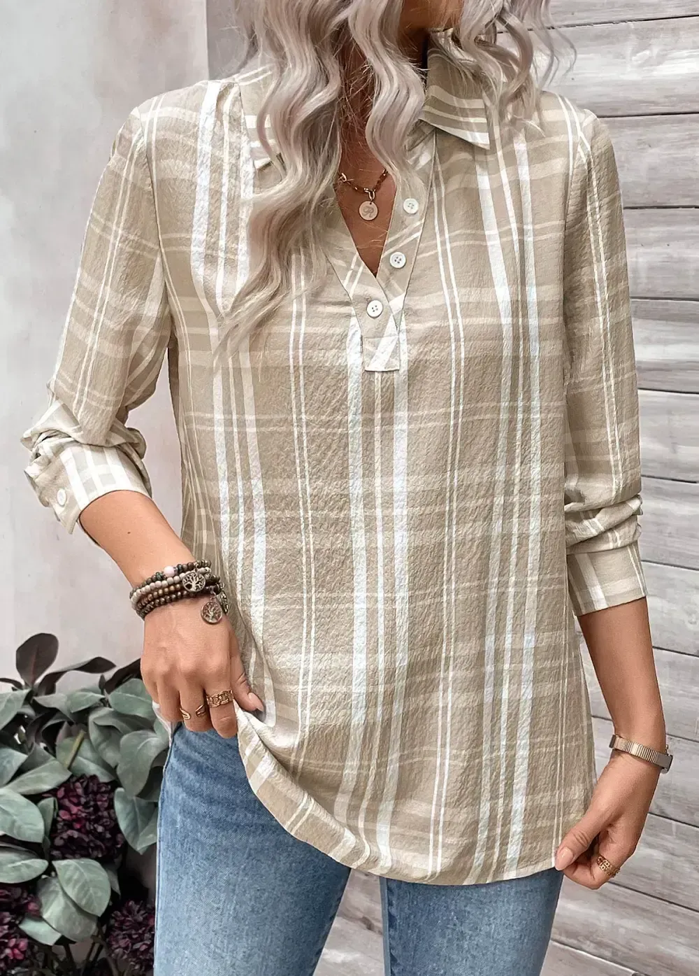 Light Coffee Button Plaid Long Sleeve Shirt Collar Blouse