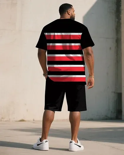 Big & Tall Men Black & White & Red Striped Color-Matching Chest Small Label Printed Crewneck Short Sleeve T-Shirt Shorts Suit