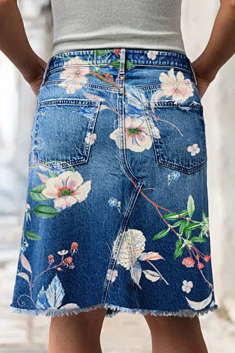 Floral Pattern Raw Hem Stitch Detail Mid Waist Denim Knee Length Skirt