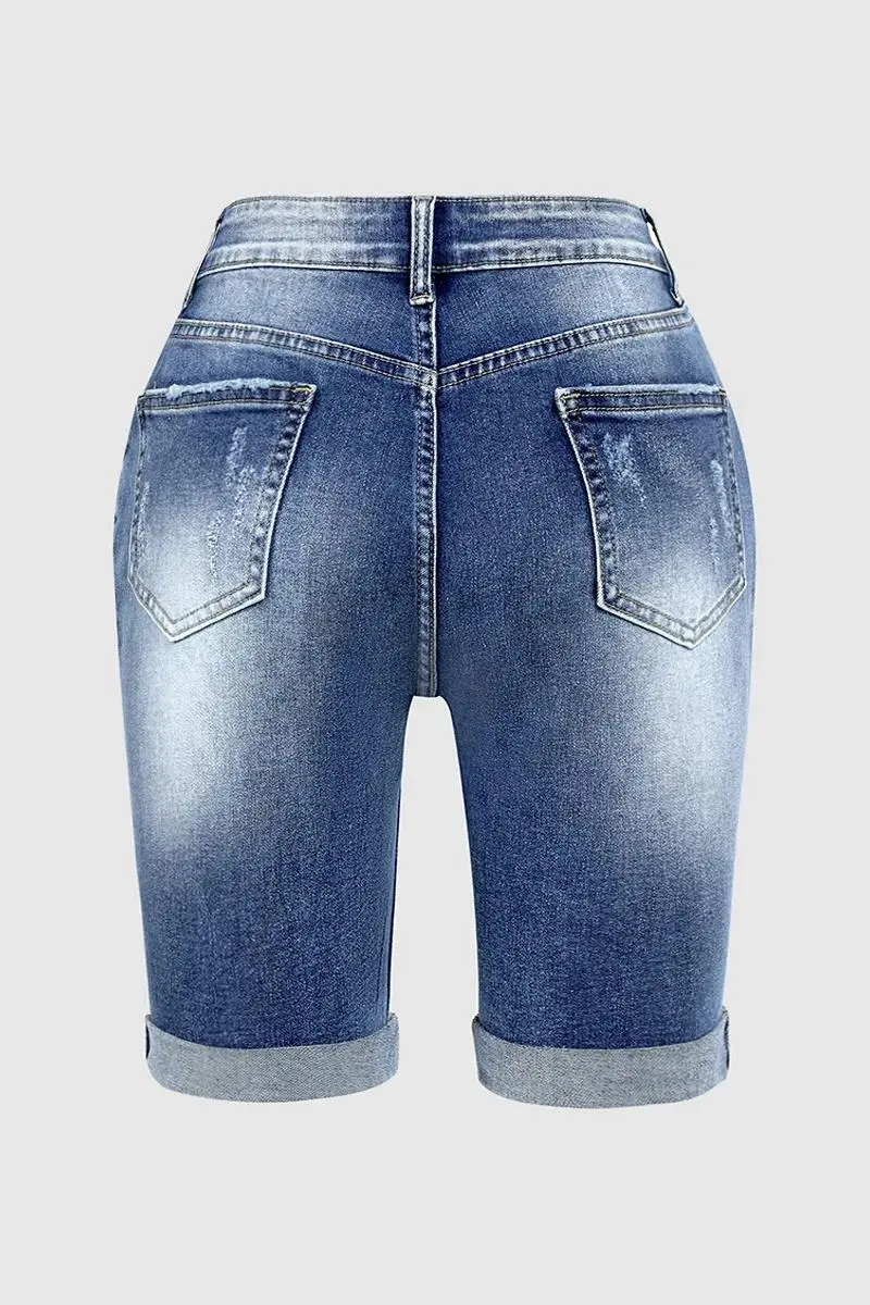 Ripped Roll Hem Mid Rise Denim Bermuda Shorts