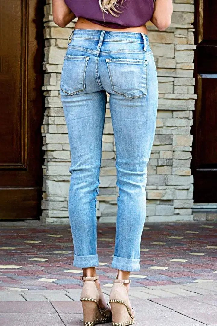 Wash Cut Out Button Fly Mid Waist Skinny Jeans