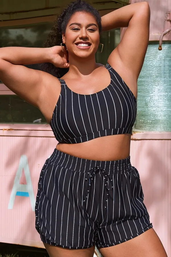 Plus Size Green Check Pinstripe Bikini Top