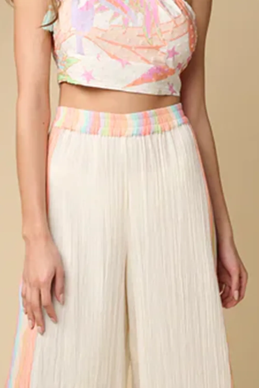 White And Pastel colored One Shoulder Crop Top And Maxi Skirt Set