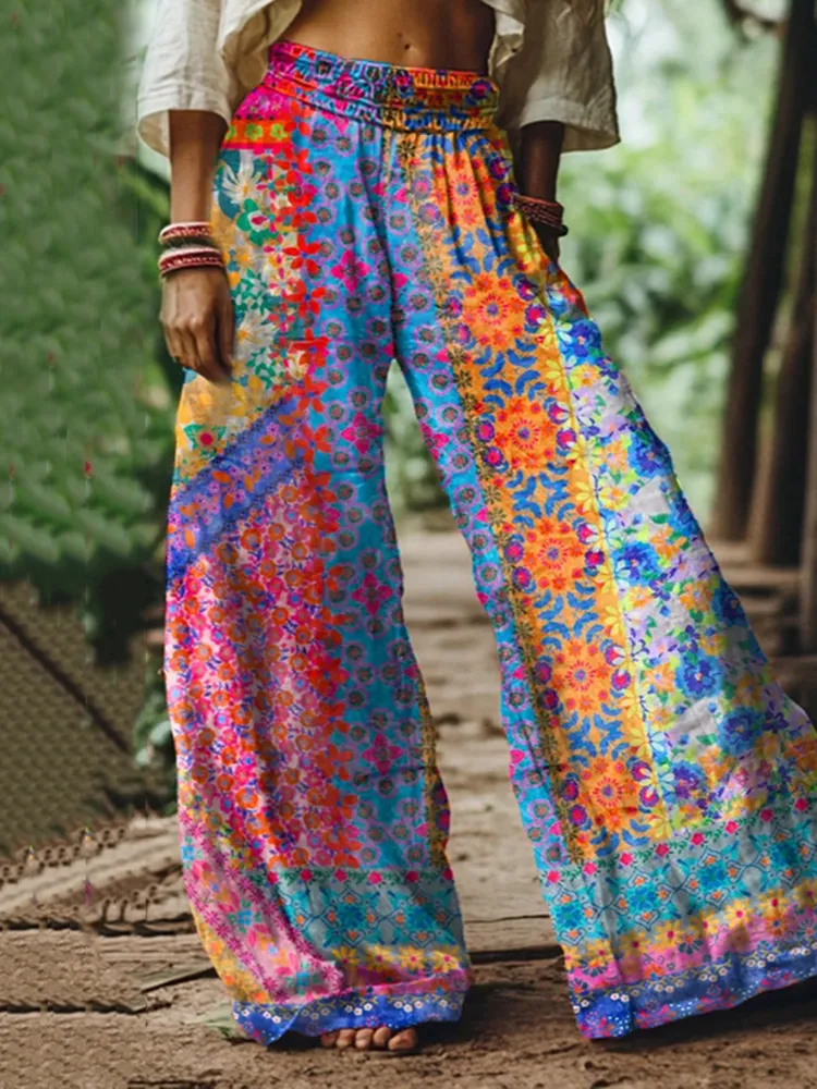 Holiday Floral Print Loose Linen Blend Pants