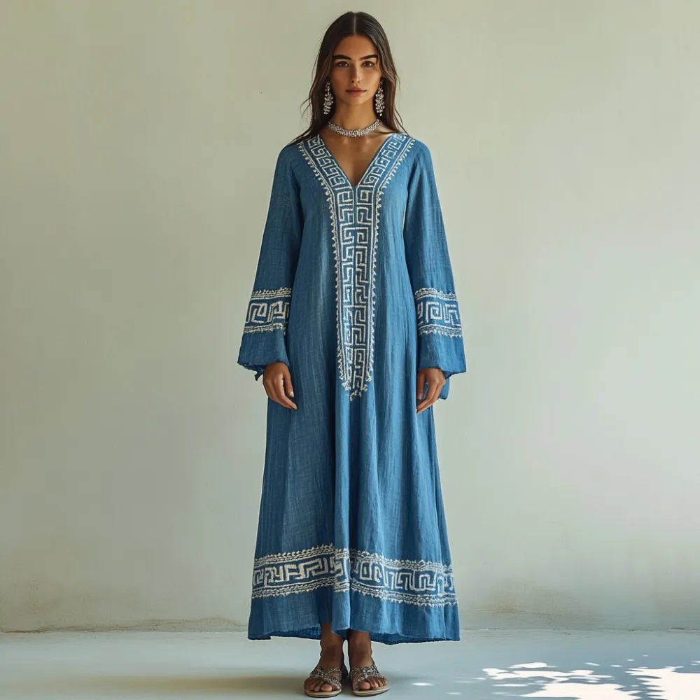 Retro Greek Key Graphics V Neck Linen Blend Maxi Dress