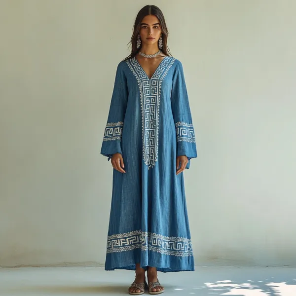 Retro Greek Key Graphics V Neck Linen Blend Maxi Dress