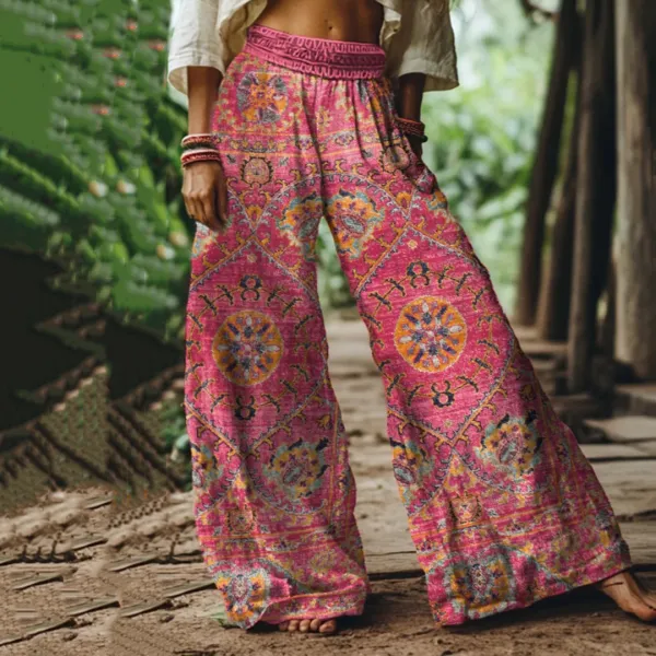 Holiday Vintage Floral Print Loose Linen Blend Pants