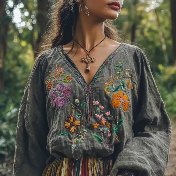 Vintage Boho Floral Embroidered Linen Blend Tunic