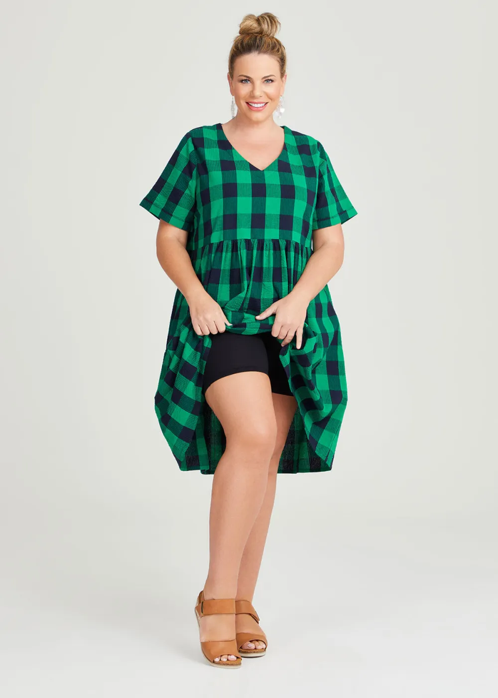 Cotton Check V-neck Dress