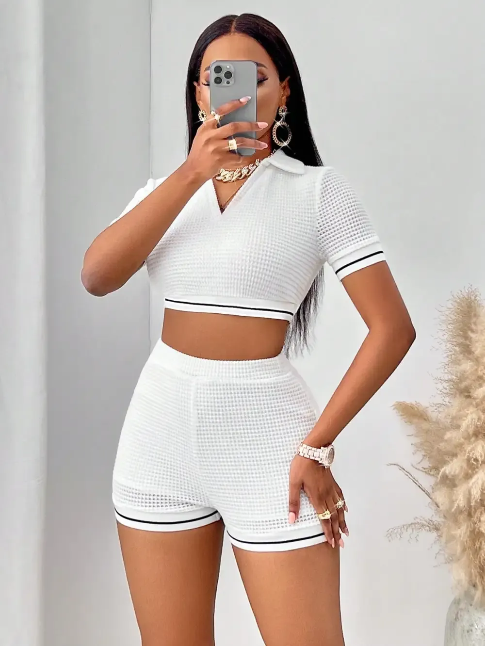 Waffle Knit Crop Tee & Biker Shorts