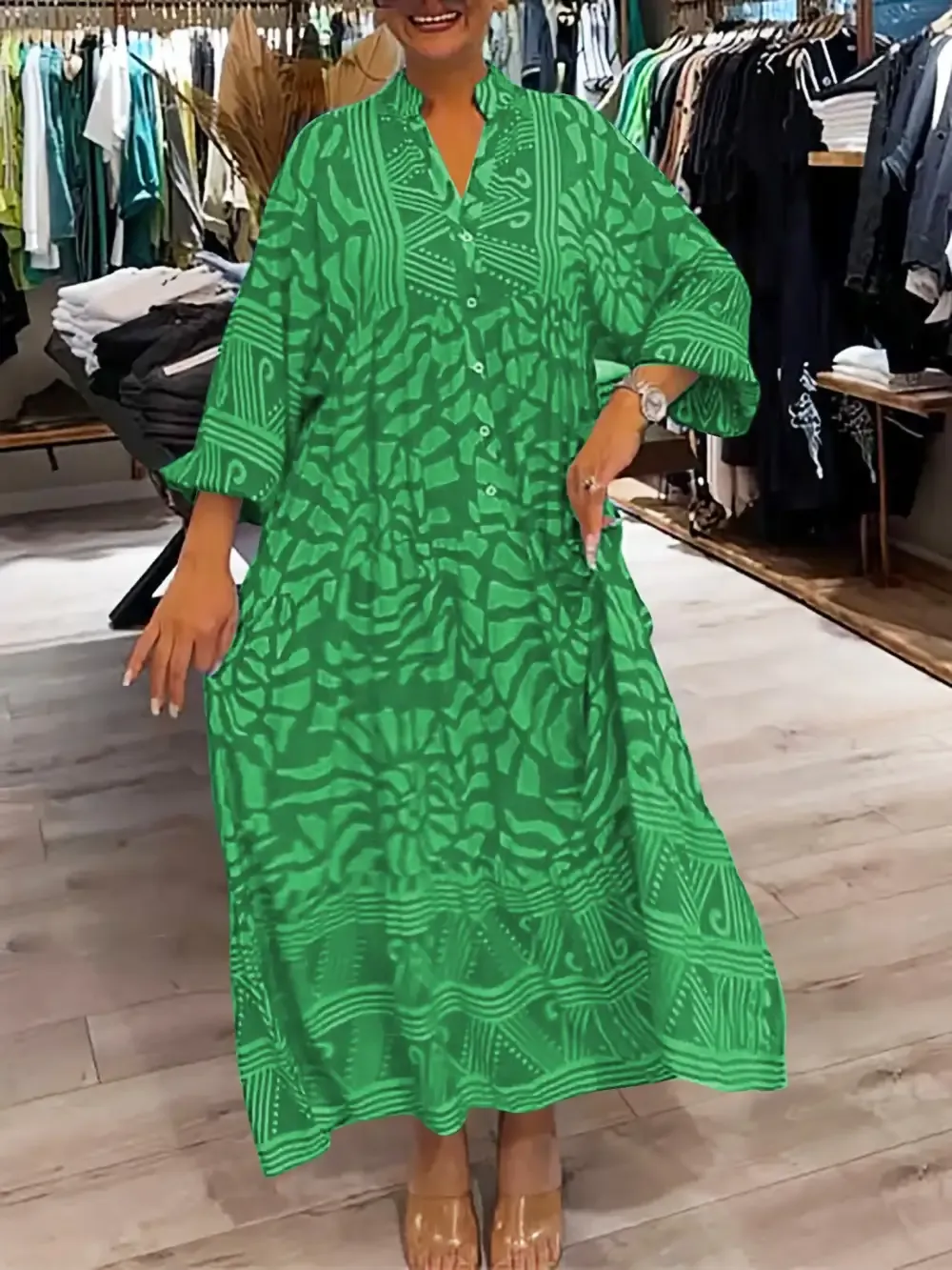 Women's Elegant Maxi Dress Plus Size V-neck Printed Loose Dress