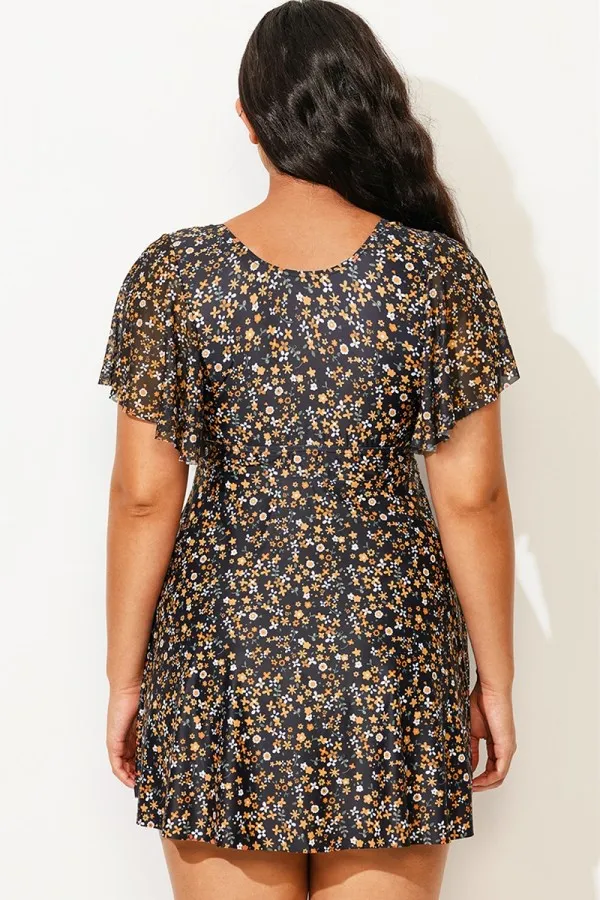 Floral Print Short Sleeve Round Neck Women Swimdress