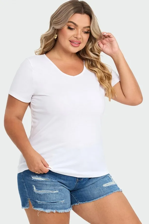 Plus Size White Short Sleeve Basic V-Neck Top