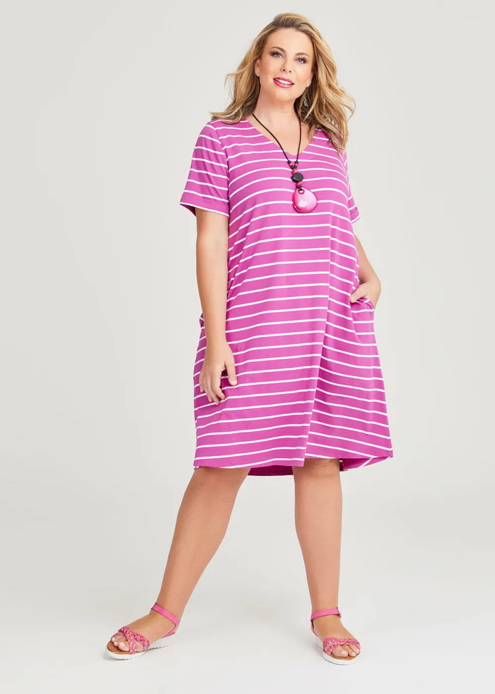 Cotton V-neck Stripe Dress