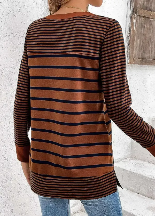 Dark Coffee Patchwork Striped Long Sleeve T Shirt