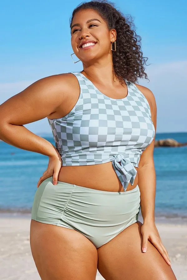 Plus Size White Check Knotted Crop Bikini Top
