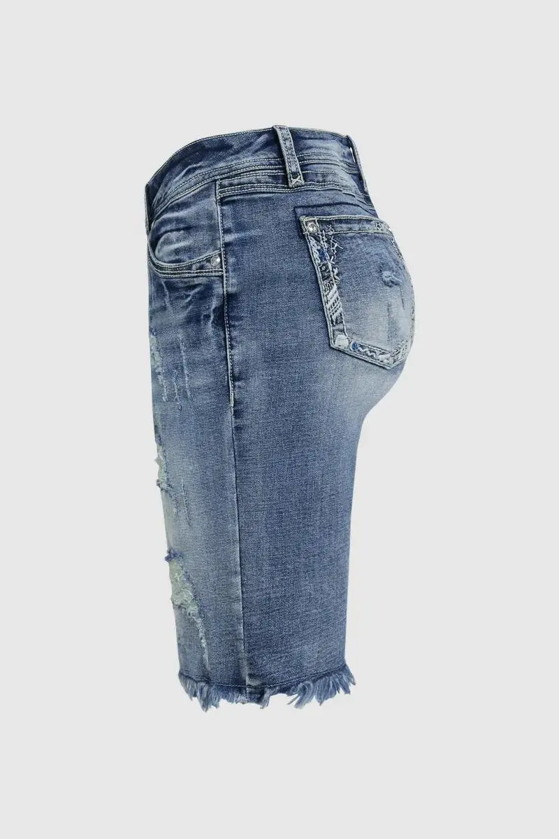 Ripped Raw Hem Mid Waist Denim Mid Thigh Shorts