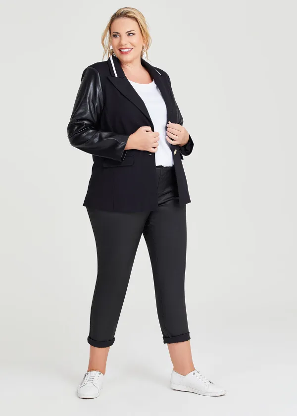 Varsity Ponte Faux Leather Sleeve Blazer