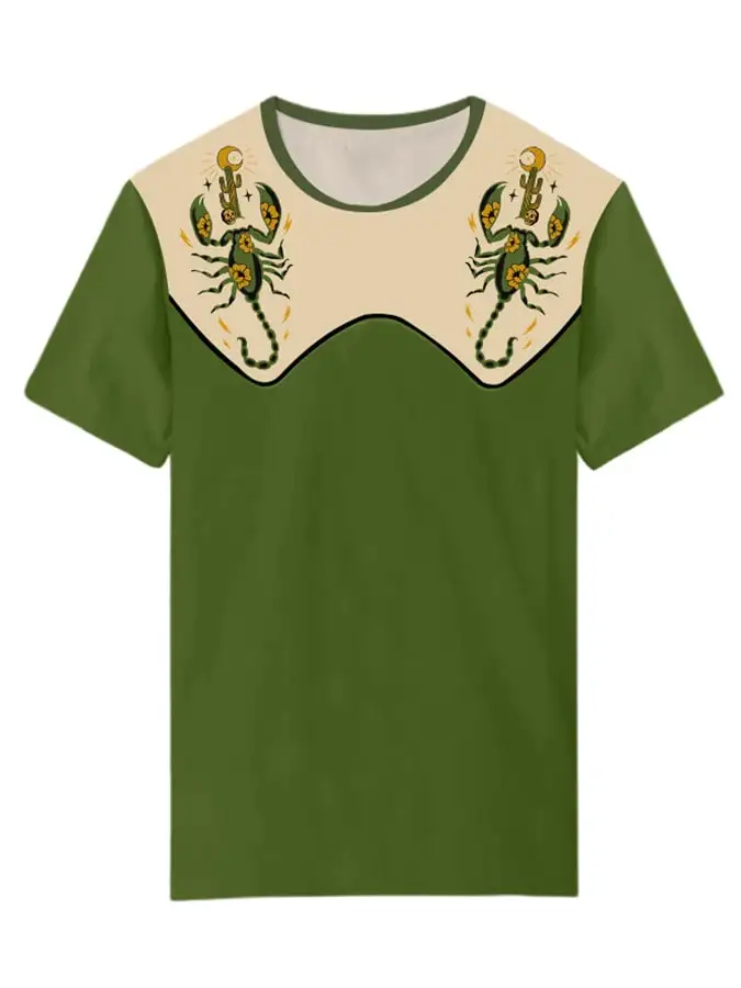 Retro Western Style Scorpion And Cactus Printed Casual T-shirt