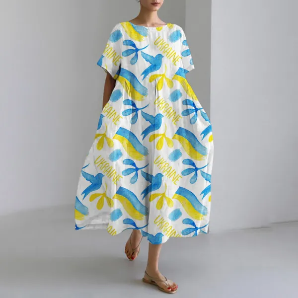 Ukrainian Yellow And Blue Birds Print Women's Maxi Dress