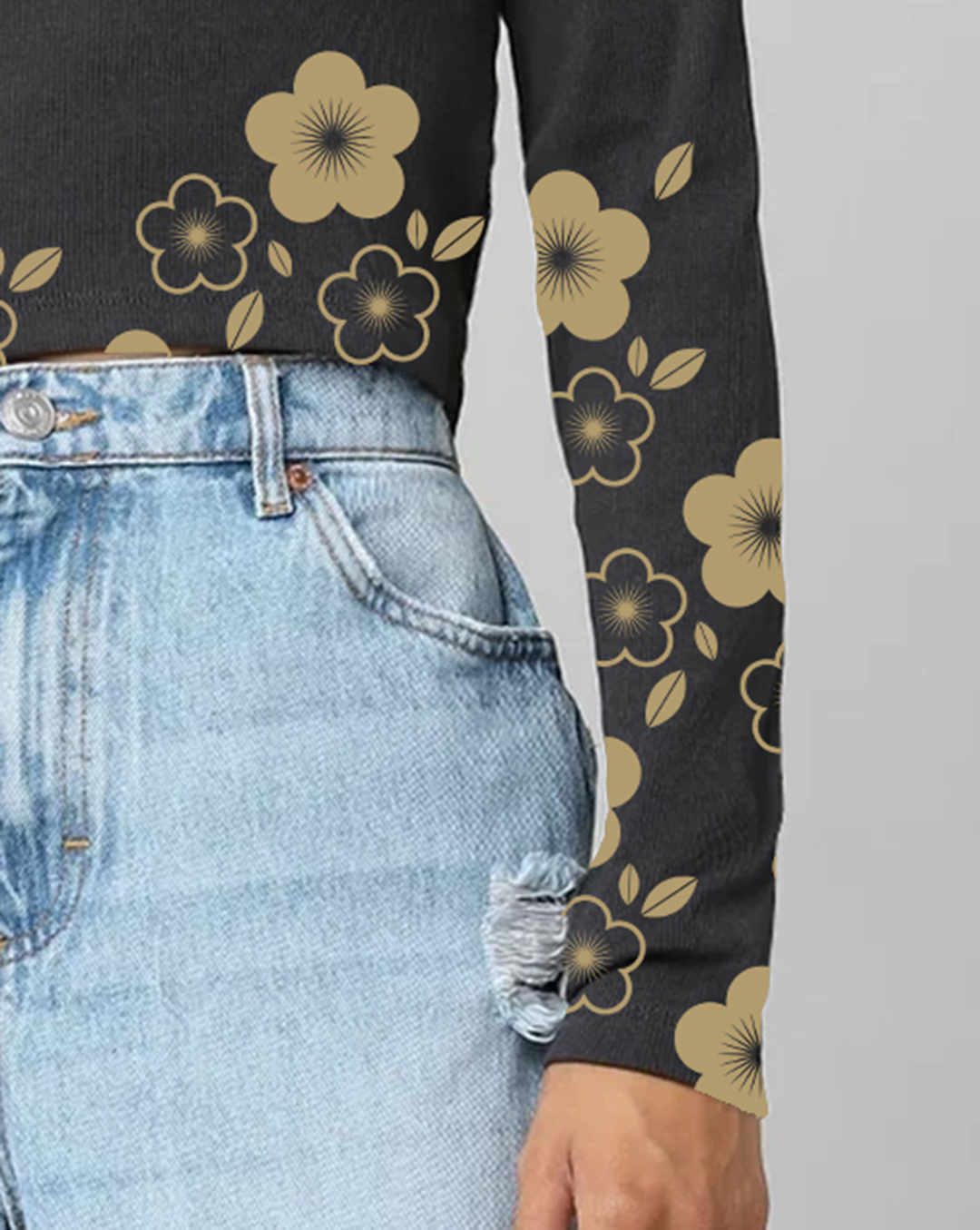 Black Floral Embroidered Long Sleeve Cropped Top