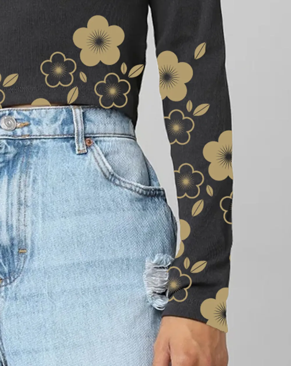 Black Floral Embroidered Long Sleeve Cropped Top