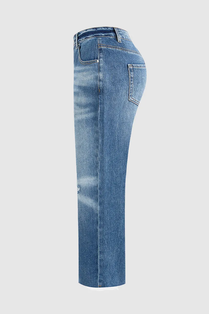 Wash Ripped Raw Hem Mid Rise Crop Jeans