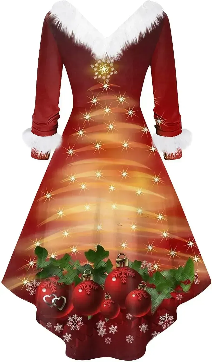 Womens Christmas Dress Fuzzy Mrs Claus Christmas Holiday Xmas Cocktail Holiday Party Flare Dress
