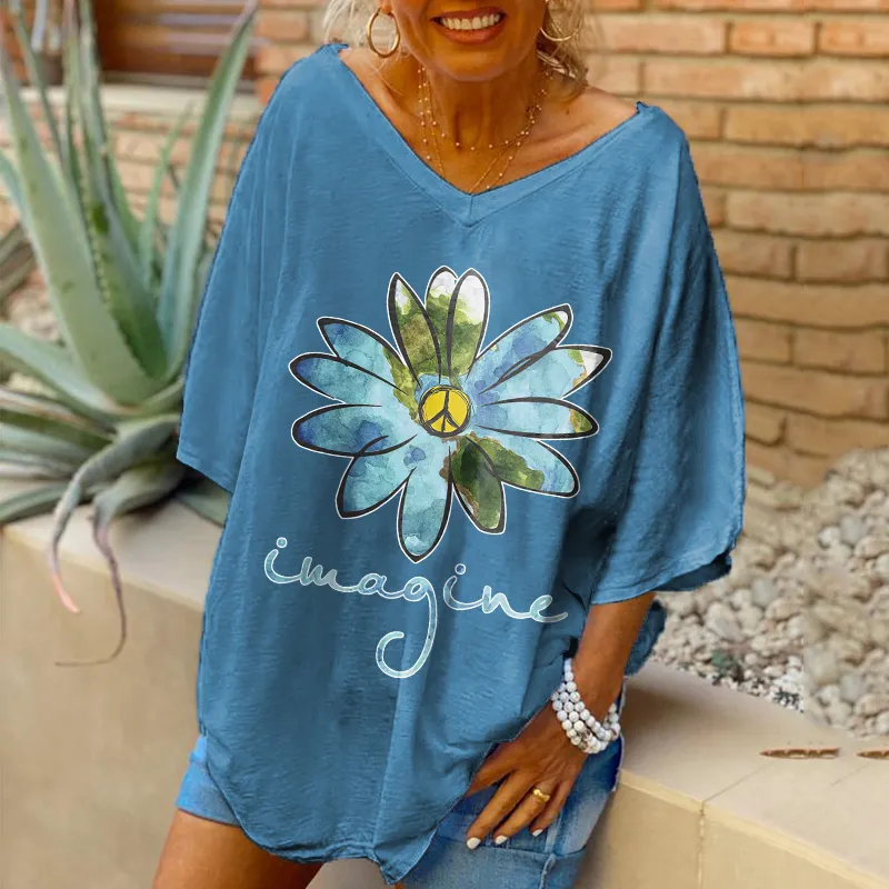 Oversized Imagine Flowers Pattern Printed Women Hippie T-shirt