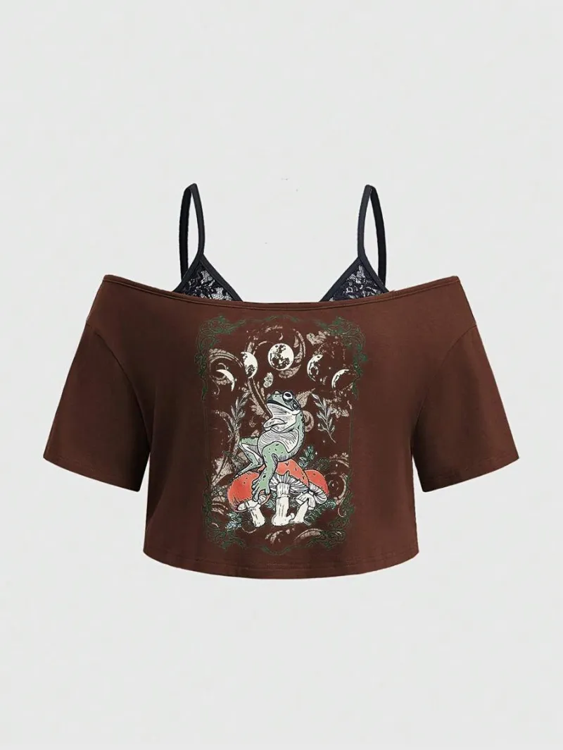 Fairycore Plus Size 2 In 1 Mushroom & Cartoon Frog Print Short Sleeve Green T-Shirt