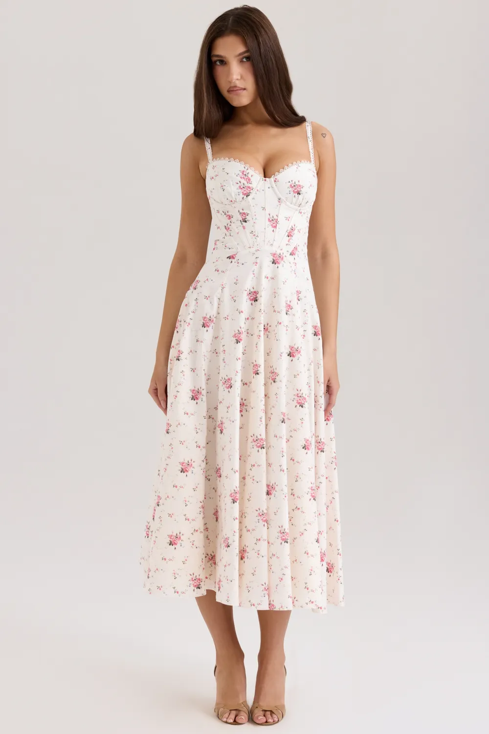 Cream Stretch Cotton Floral Print Midi Sundress