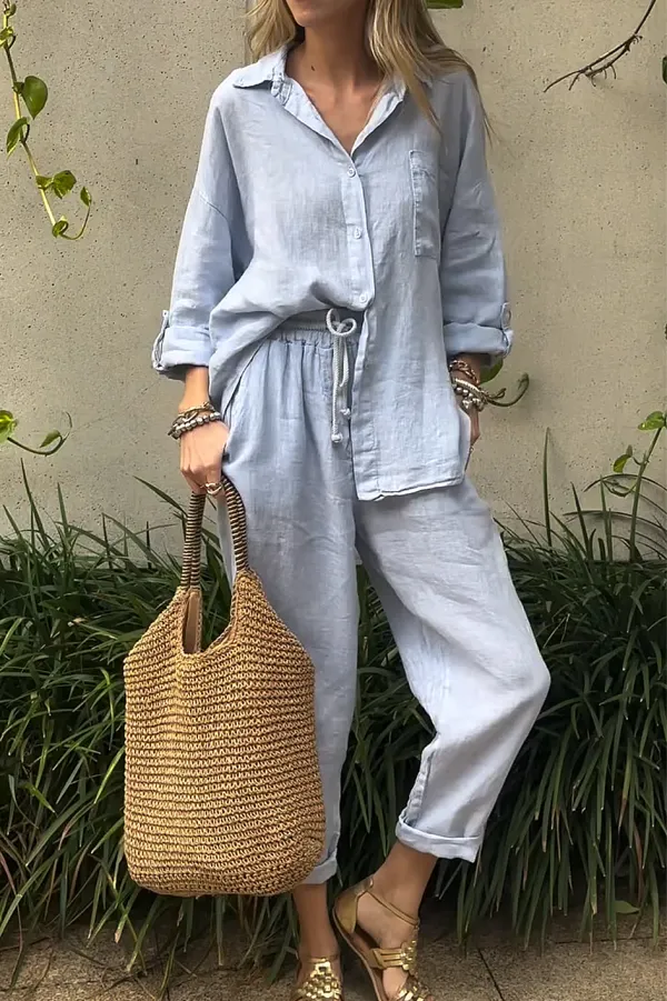 Women'S Solid Color Cotton And Linen Casual Top And Pants Two-Piece Set