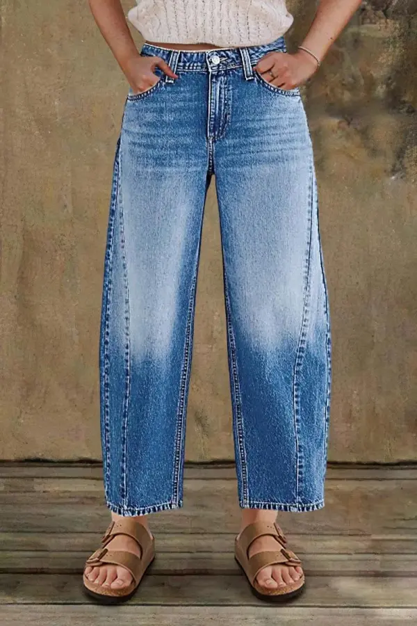 Wash Seam Front Mid Rise Barrel Leg Jeans