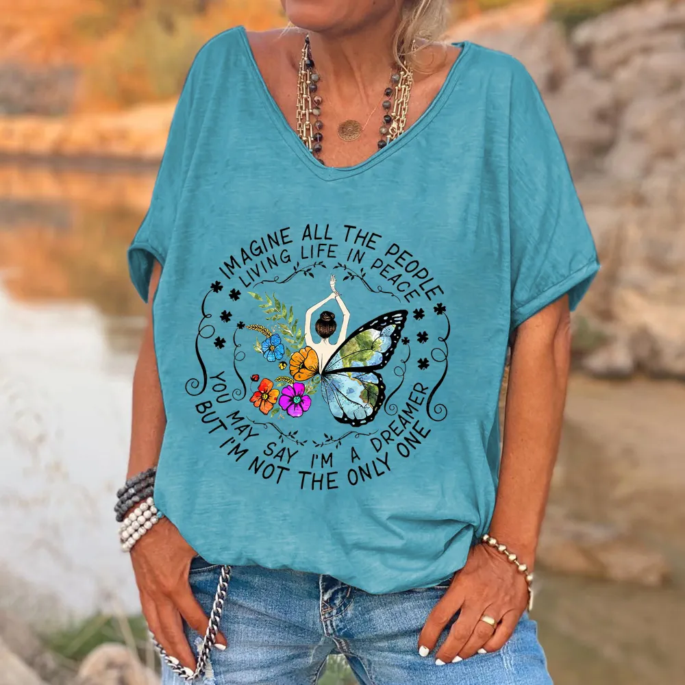 Imagine All The People Living Life In Peace Printed Women's T-shirt