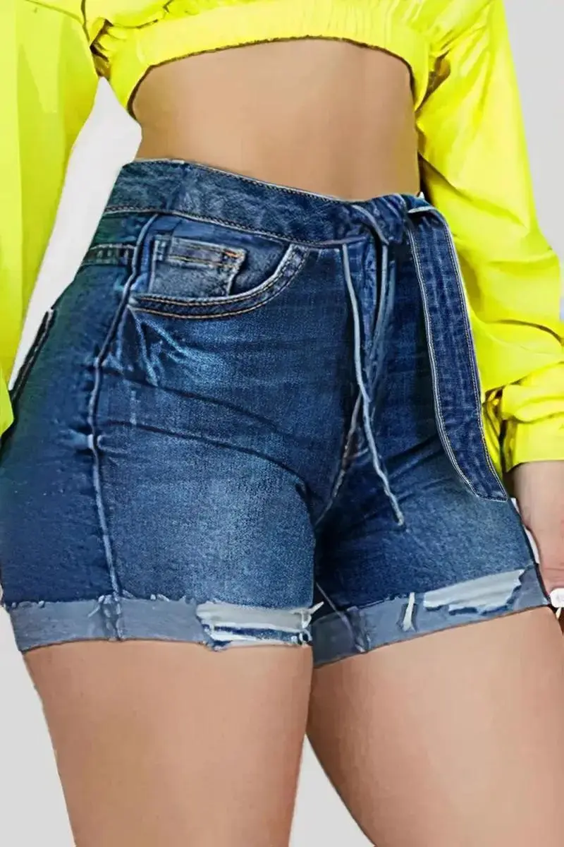 Tie Front High Waist Roll Hem Denim Shorts