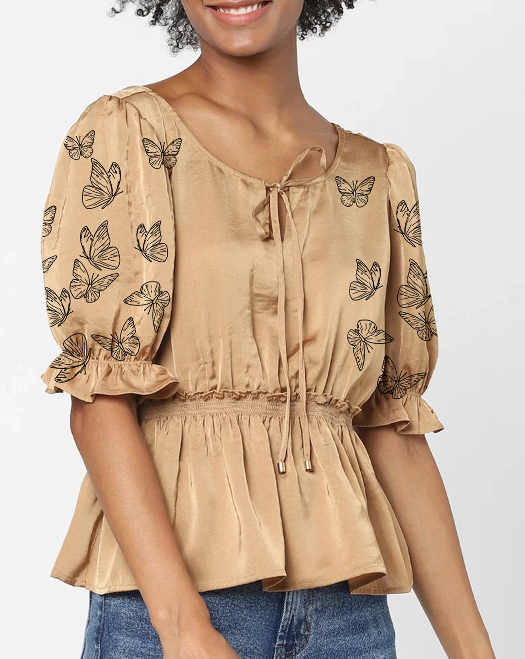 Tan Butterfly Embroidered Puff Sleeve Top