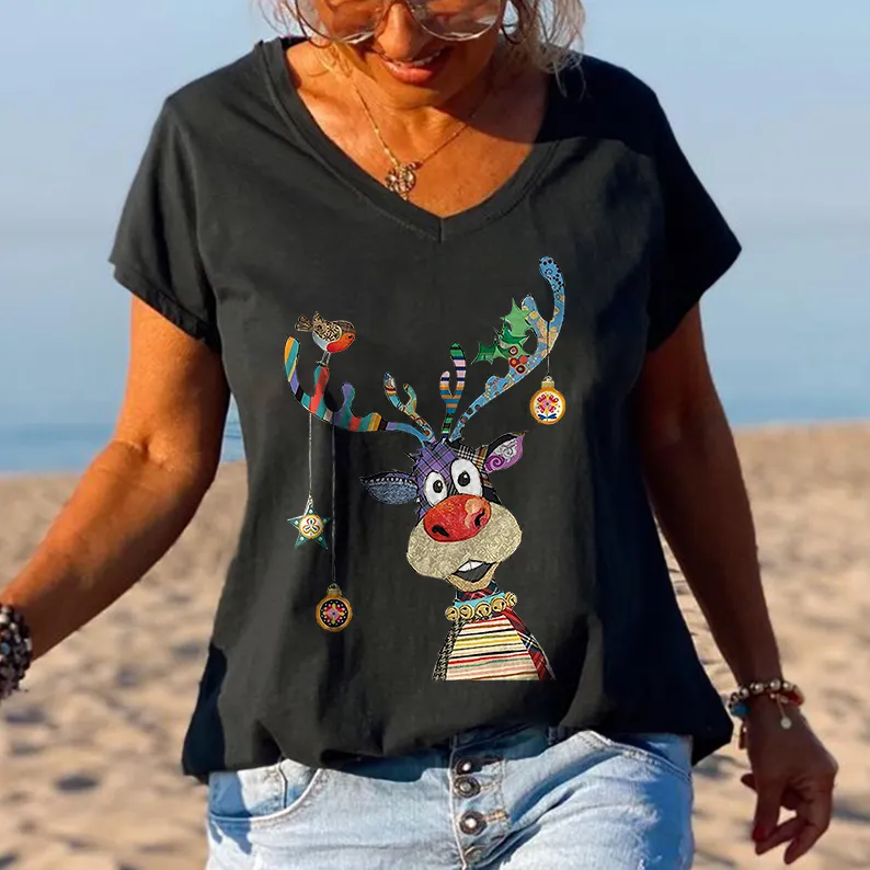 Christmas Lovely Elk Printed V-neck Women's T-shirt