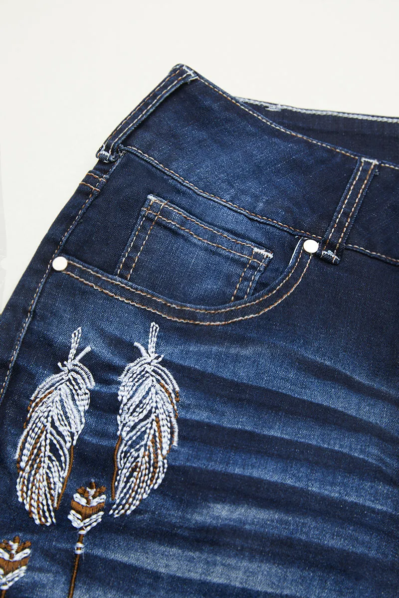 Feather Embroidery Split Hem Mid Waist Bootcut Jeans